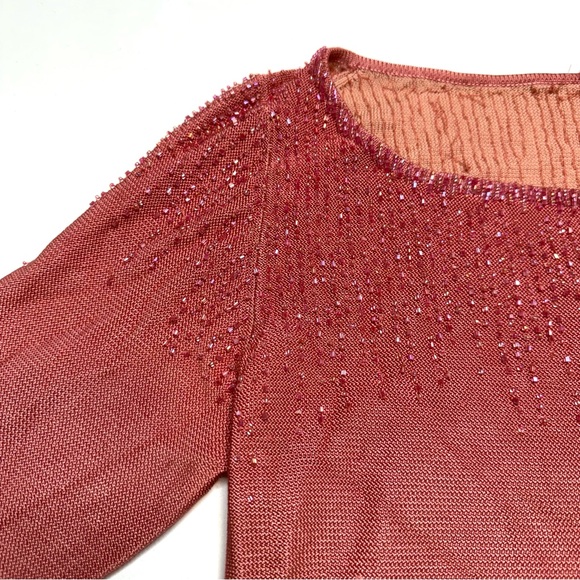 Carmen Marc Valvo Vintage Beaded Scoop Neck 3/4 Sleeve Shell Blouse Pink Large - Picture 5 of 8